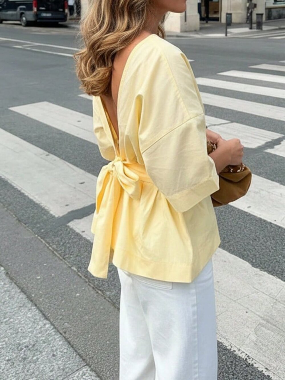 Yellow Casual Women's Knotted Ruffle Hem Blouse - Picture 4 of 6